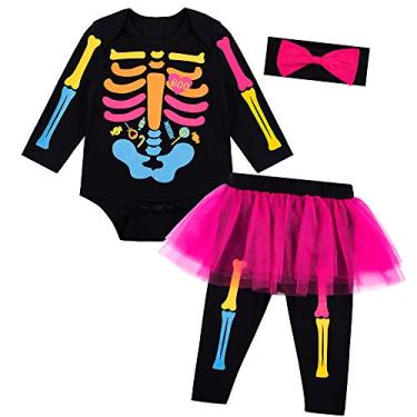 Imagem de LENSOUS Conjunto divertido de fantasia de esqueleto de Halloween para bebês meninas, manga comprida, caveira, tule, saia, Preto, 3-6 Months