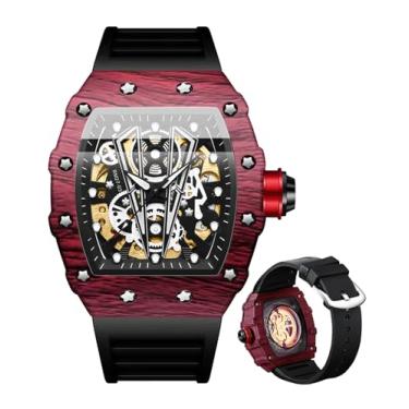 Imagem de BINBOND Relógio masculino automático quadrado esqueleto mecânico corda automática moda pulseira de silicone relógio de pulso masculino à prova d'água luminoso, Preto, vermelho, relógios masculinos