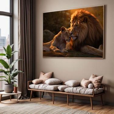 Imagem de Quadros decorativos com Moldura Sala Quarto Leoa e Leão Por do Sol  Gr