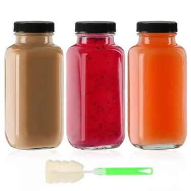 Imagem de Garrafas de suco de vidro de 227 g com tampas, pacote com 3, garrafa de água reutilizável, garrafas de suco para vitaminas, leite, armazenamento, pequenas e portáteis