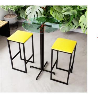 Imagem de Conjunto Mesa Alta Bar Bistrô Redonda Vidro 2 Bancos Estofado Industrial Black (Amarelo)
