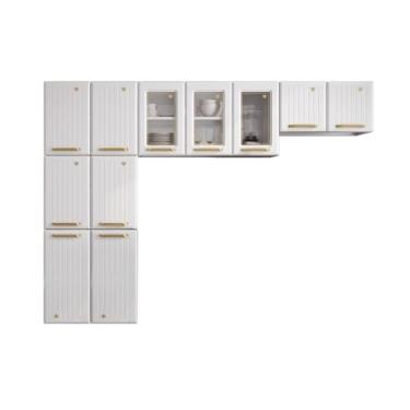 Imagem de Cozinha Compacta Aço 3 Peças com Vidros Armários Aéreos e Paneleiro Multimóveis Cr20368 Branco