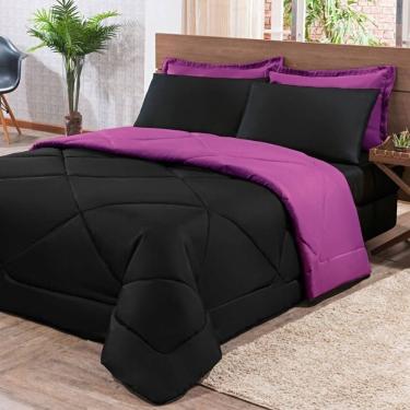 Imagem de Kit Edredom + Jogo De Lençol Aconchego Look House Dupla Face Casal King 06 Peças - Preto E Roxo