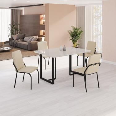 Imagem de Conjunto Sala De Jantar Mesa 120x90cm Base Lunna Tampo Mdf Laca Com Vidro Malibu Creme Preto