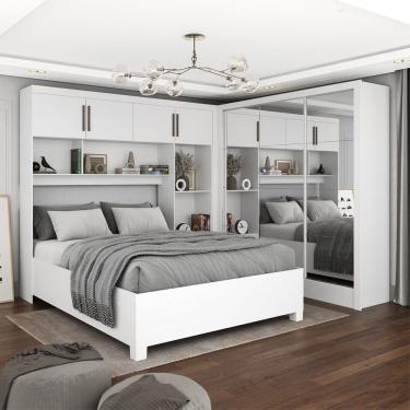 Imagem de Guarda-roupa Casal Modulado 4 Portas Com Cama Santiago 3 Portas Premium 5 Gaveta Com Espelho Branco