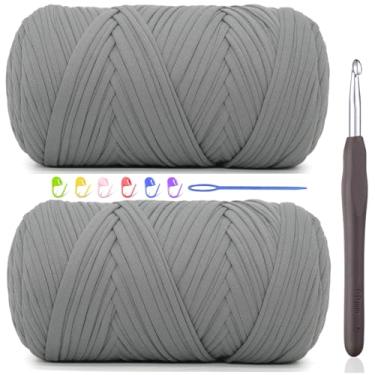 Imagem de 2 fios de camiseta de 400 g para crochê, camiseta cinza de tecido elástico grosso, fio de crochê para iniciantes, bolsa de tricô à mão, cesta/porta-copos / artesanato faça você mesmo/decoração de casa