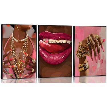 Imagem de 3 peças de arte de parede em tela rosa moda menina negra Vogue afro-americana impressão de pôster para sala de estar quarto decoração de casa sem moldura