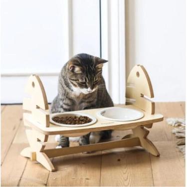 Imagem de Comedouro E Bebedouro Com Ajuste De Altura Para Gatos- Mdf - NoBrand