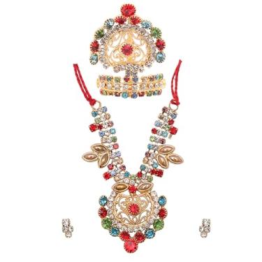 Imagem de Conjunto decorativo Mala Mukut com brincos para Laddu Gopal/Devi Maa/Radha Krishna/Deusa Deusa indiana Haar Sringar Deidades para Janmashtami All God Idol Statue(Tamanho: - 6,3 cm) (Multicolorido)
