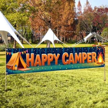 Imagem de Tema de madeira, faixa de campista feliz, bandeiras coloridas, decoração de barraca para festa ao ar livre, natureza, acampamento, decoração