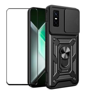 Imagem de CNPUTAO Capa para Infinix GT 30 pro 5G com protetor de tela de vidro temperado, janela deslizante para câmera, suporte, capa de telefone de camada dupla antiarranhões à prova de choque, preta