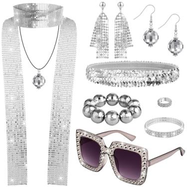 Imagem de JMZYJZH 11 peças de acessórios de discoteca femininos, colar de faixa de cabeça de discoteca, pulseira, brinco, anel de óculos para meninas dos anos 70