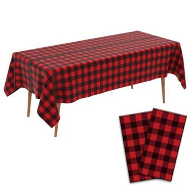 Imagem de Toalha de mesa xadrez vermelha e preta, 2 peças de toalha de mesa xadrez de búfalo de plástico 274 x 137 cm, toalha de mesa descartável, impermeável, vermelha, capa de mesa retangular para piquenique