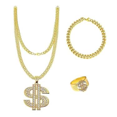 Imagem de Conjunto de corrente de ouro falso rapper dos anos 80 anos 90, anel, pulseira, colar de símbolo de grande dólar, joias de festa hip hop masculinas e femininas