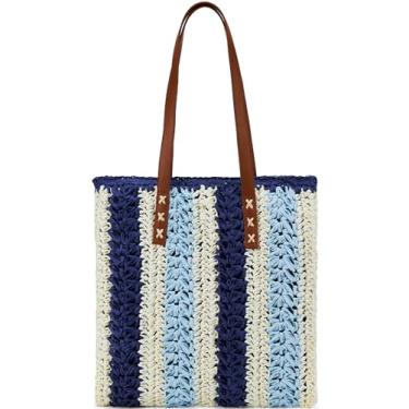 Imagem de Bolsa de palha bolsa de praia de malha bolsa de ráfia para mulheres bolsa Hobo designer de praia de verão 2024 bolsas femininas grandes de tecido, Azul, Large