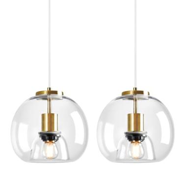 Imagem de LBSQJ Luzes pendentes de vidro transparente ilha da cozinha pacote com 2 20 cm globo de vidro pingente de luz dourada luminária pendente moderna para cozinha, ilha, quarto, sala de jantar