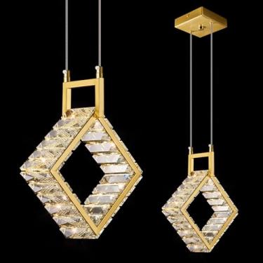 Imagem de zhllmq Mini luminária Kitchen Island Modern Led Crystal Pendant Light Gold Square Chandelier para sala de jantar, sala de estar, cozinha, quarto, bar (1 unidade)..