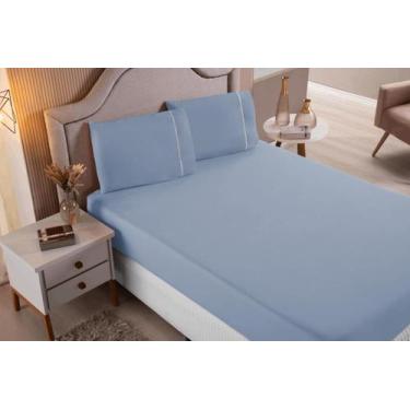 Imagem de Jogo de Cama Lençol Casal Super King 3 Peças Azul Claro Liso 100% Algo