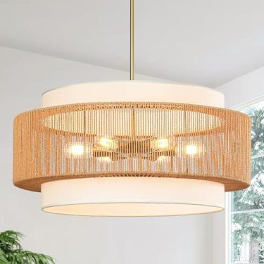 Imagem de Lustre de vime de 65 cm, luminária pendente de vime grande de 6 luzes com abajur de tecido, luminária Boho de fazenda para sala de jantar, sala de estar, quarto, ilha de cozinha, corredor, hall de