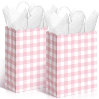 Imagem de Sacos de presente Kolldenn Pink Gingham Kraft Paper 24 unidades