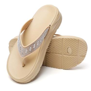 Imagem de FLIOZY Chinelos femininos com strass: sandálias de praia - chinelos plataforma de verão - Sapatos de caminhada para uso interno e externo, Bege, 38