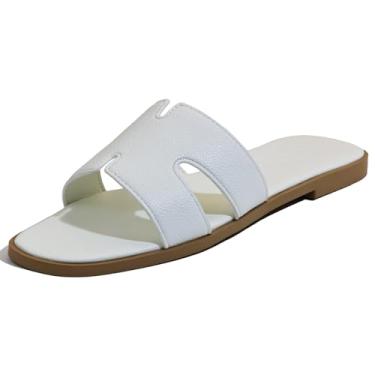 Imagem de Sandálias rasteiras femininas, chinelos de couro femininos, sapatos confortáveis e elegantes deslizantes elegantes verão outono primavera bonito bico aberto calçado casual, Branco, 35
