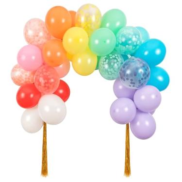 Imagem de Gejoy Kit de arco de guirlanda de balões arco-íris, incluindo 40 balões de látex de longa duração, confetes coloridos, 2 serpentinas douradas com borla para aniversário, chá de bebê, festa de