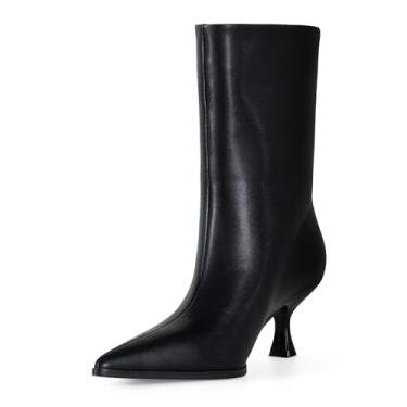 Imagem de Botas femininas de cano médio com salto gatinho – Botas pretas de bico fino em couro sintético liso, estilo minimalista elegante para outono e inverno, Preto, 40