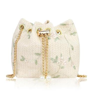 Imagem de WisePoint Bolsa balde floral, requintada bolsa de tecido com corrente de metal destacável, bolsa transversal leve feminina para compras, Branco, Small