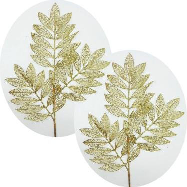 Imagem de Folhas Plantas Decoração Natal Gliter Dourado 75cm Kit 12pçs