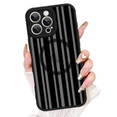 Imagem de AIGOMARA Capa magnética para iPhone 16 Pro Max [compatível com MagSafe] Linda capa de telefone preta listrada para mulheres Gilrs TPU macio e PC capa protetora traseira fina para telefone
