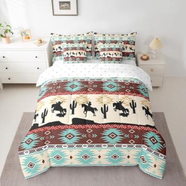 Imagem de Feelyou Conjunto de edredom boêmio com lençol king size, cavalo, sudoeste, nativo asteca, 7 peças, casa de fazenda, vida selvagem, decoração de quarto, bege, azul