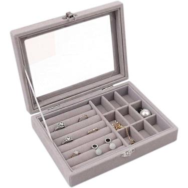 Imagem de Porta Joias Tampa Vidro Organizador Veludo Divisória Fecho