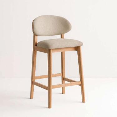 Imagem de Banqueta Alta com Encosto em Linho e Base de Madeira Natural para Cozi