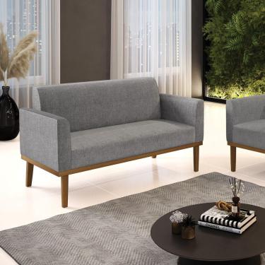 Imagem de Poltrona Namoradeira Decorativa Pés Fixo Em Madeira Castanho Linho Cinza Mesclado