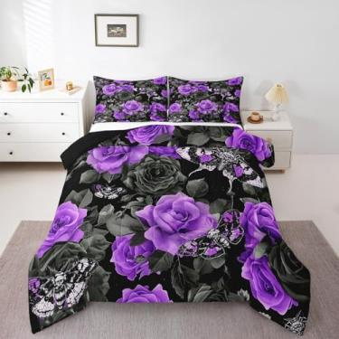 Imagem de jejeloiu Jogo de cama solteiro com estampa de flor rosa, crânio gótico, esqueleto, ossos de mariposa, preto e roxo, para decoração de quarto