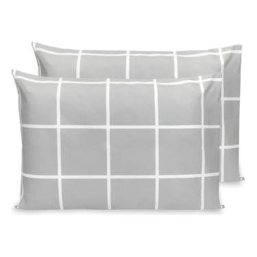 Imagem de Kit 2 Fronhas Avulsas Estampadas Para Travesseiro Malha 100% Algodão Toque Macio Com Zíper Hotel Pousada (Grid cinza, 70x45 cm)