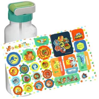 Imagem de Garrafa Fun Infantil Jurassic Baby 600mL Canudo Retrátil Tampa Abre Fácil Cartela de Adesivos de Dinossauros Escola Passeios Viagem