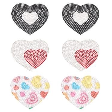 Imagem de 6 peças 3 estilos adesivos decorativos em forma de coração costurados em vidro strass patch corações de amor apliques de cristal glitter enfeites para decoração de roupas, reparo, artesanato faça você