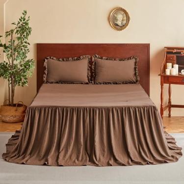 Imagem de MR&HM Conjunto de colcha com saia de babados de microfibra escovada – 76 cm de comprimento, 3 peças, colcha de cama estilo chique, musse de mocha, colcha macia e fronha, decoração vintage de fazenda