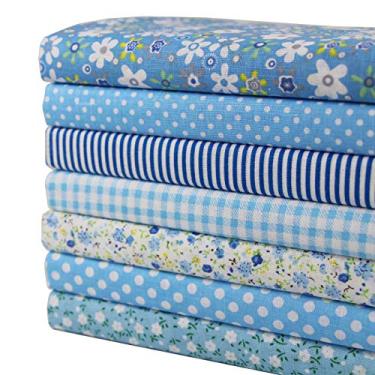 Imagem de aufodara 7 peças 50 x 50 cm diferentes designs quadrados de tecido de algodão pacotes de tecido de artesanato para costura, quilting, scrapbook, patchwork, artes artesanais (azul)