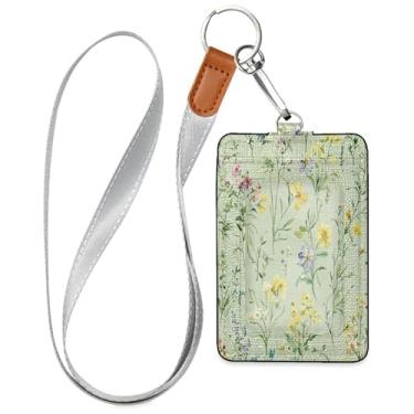 Imagem de SEHANY Porta-crachá de couro de flores silvestres verdes com cordão, porta-crachá de identificação com 1 janela transparente para identidade e 2 compartimentos para cartão para funcionários de