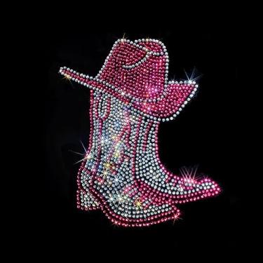 Imagem de Patch de strass Cowgirl – Western Red & Clear Bling Transferência de calor para camisetas faça-você-mesmo, jaquetas, bolsas – aplique de silhueta de chapéu de cowboy brilhante, 20 x 19 cm