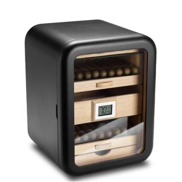 Imagem de Caixa de charutos umidificador, armário de charutos com tampa de vidro, design de gaveta de 5 camadas, caixa de armazenamento de madeira, umidificador de higrômetro F