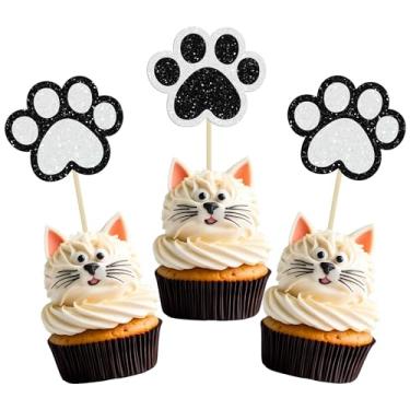 Imagem de Gyufise 24 peças de enfeite de cupcake de pata com glitter, decoração de bolo de pata de cachorro, preto, branco, glitter, para chá de bebê, meninos, meninas, artigos de bolo de festa de aniversário