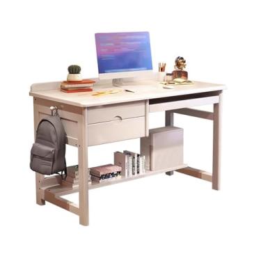 Imagem de Study Desk with Drawers for Kids, Kids Desk with Bottom Bookshelf, Childrens Computer Desk Desk for 8-12 Year Old with Keyboard Tray and Pen Slots, Wood Student Desk with Hooks White 120cm