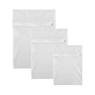 Imagem de Kit 3 Sacos para Lavar Roupas em Máquina com Zíper, Poliéster Branco, Tamanhos P M G, Proteção para Lingerie e Roupas Delicadas
