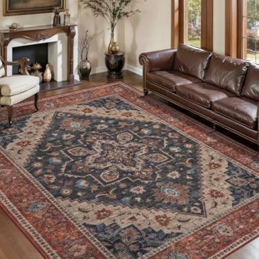 Imagem de Tangsoo Tapete lavável para sala de estar, tapetes vintage antiderrapantes para área grande, tapete estampado, macio de pelo baixo, tapete dobrável para quarto, sala de jantar, dormitório, azul escuro