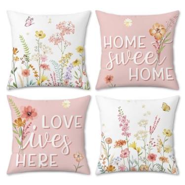 Imagem de COZZSNUGE Capas de almofada floral de primavera, flores de jardim rosa, borboleta, fazenda, veludo, fronhas decorativas para sofá-cama ao ar livre, conjunto de 4, 45 x 45 cm