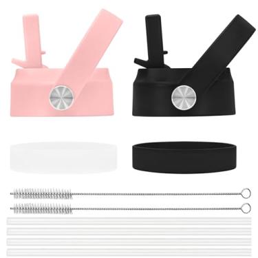 Imagem de TQONEP Tampa de canudo boca larga, tampas de substituição com canudos para garrafas de água de boca larga 12, 14, 16, 18, 22 g, acessórios de tampas de garrafa esportiva com alça (preto + rosa, pacote